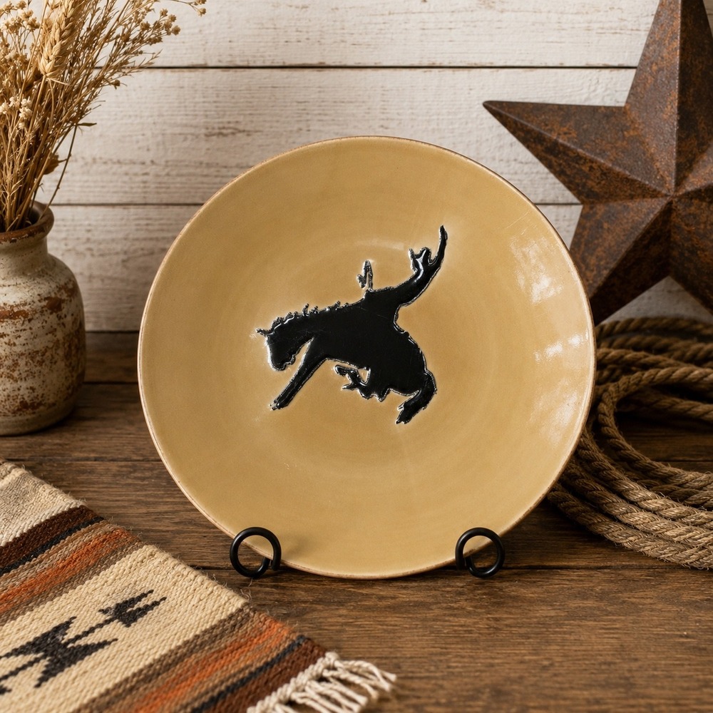 Cowboy Living Bucking Bronco Western Stoneware Salad Plate Tan Black 8.5 Inch